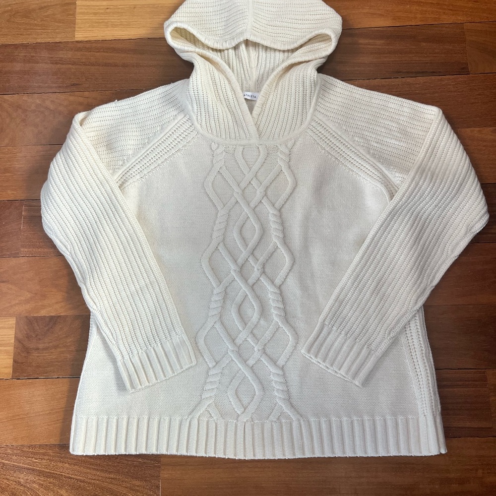 Athleta Cream Cable-Knit Hooded Sweater